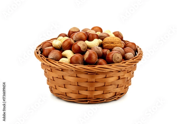 Fototapeta Basket of nuts and hazelnuts on white background