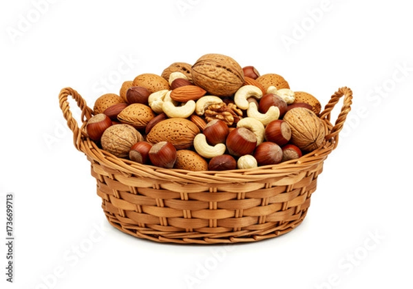 Fototapeta Basket of nuts and hazelnuts on white background