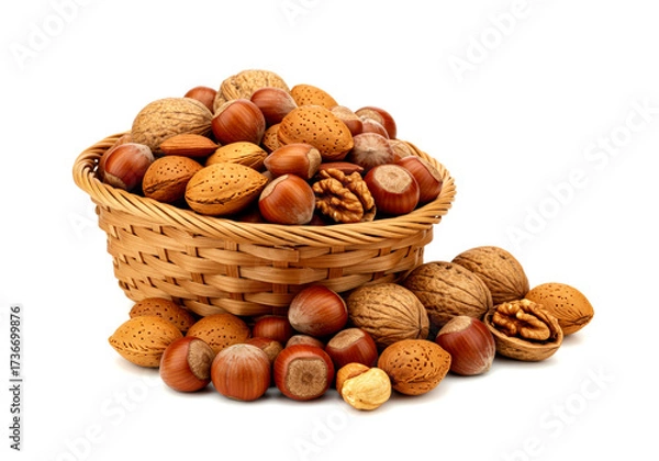 Fototapeta Basket of nuts and hazelnuts on white background