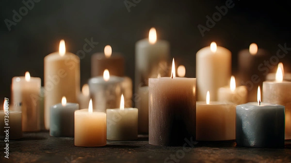 Fototapeta Photorealistic background for All Saints Day or All Souls Day featuring candles and soft tones providing ample space for text