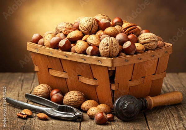 Fototapeta Basket of nuts and hazelnuts.jpeg, Basket of nuts and hazelnuts