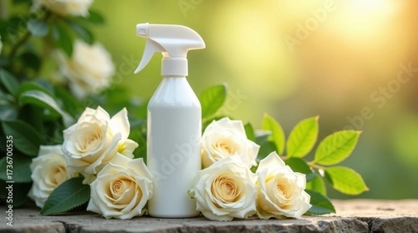 Obraz White spray bottle with delicate white roses and green leaves outdoors