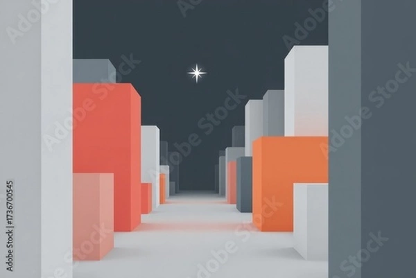 Fototapeta Colorful geometric shapes create surreal pathway under starry ni