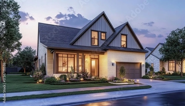 Fototapeta The illustration shows a two-story house with a gable roof, large windows, and a landscaped yard, illuminated by soft lighting at twilight.