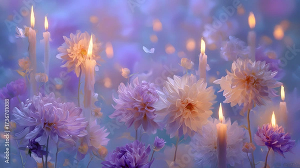 Fototapeta An enchanting and soothing background with soft purple hues, featuring candles and chrysanthemums, calming atmosphere, background for all saints’ day, all souls’ day.
