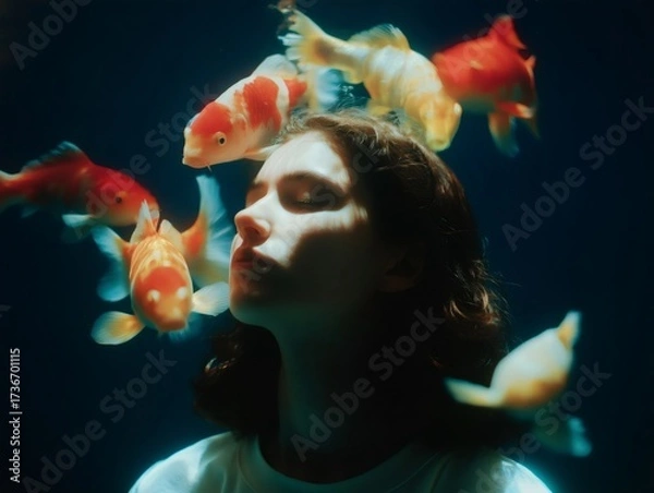 Fototapeta Surreal underwater portrait of a young woman with closed eyes, meditating serenely amidst colorful koi fish, creating a tranquil and dreamlike atmosphere