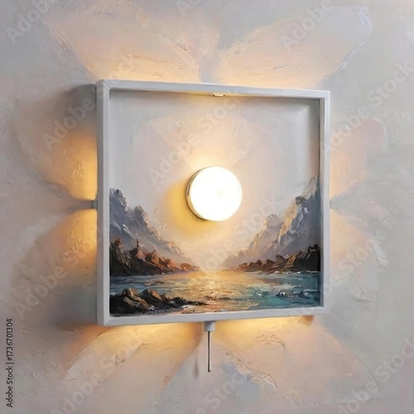 Fototapeta Creative wall lamp with painted landscape scene and glowing light, enhancing home decor and atmosphere in a cozy setting