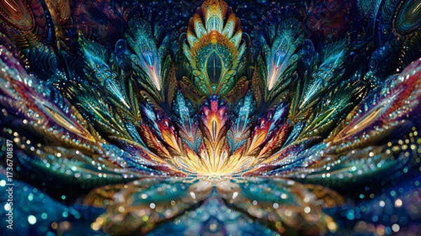 Fototapeta cover for transformational music album | mirror of the self | soul remembrance | deep chakra spectrum | cosmic layering | kaleidoscopic pathways | dimensional patterning | inner light modeling |