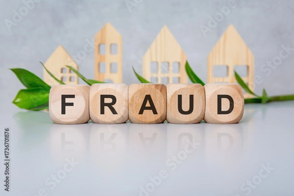 Fototapeta wooden cubes with black letters spelling FRAUD on white table with green leaves and house models