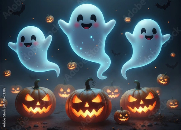 Fototapeta Cute Haunted Ghost Characters with Smiling Faces and Carved Pumpkins for Halloween Design