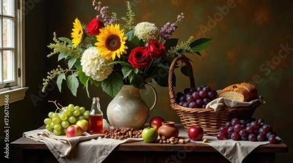 Obraz Abundant still life with flowers fruit and nuts on a table