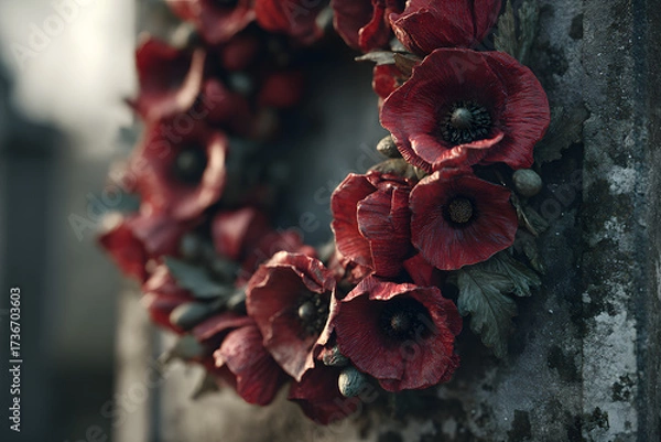 Fototapeta A red poppy wreath laid on a war memorial in remembrance of war dead