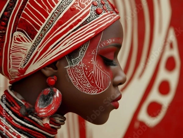 Fototapeta Profile of a fashion model showcasing intricate red and white tribal headdress, makeup, and jewelry, her eyes closed, highlighting the rich cultural heritage and artistic expression