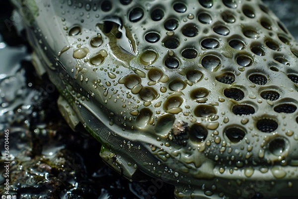 Fototapeta Anti-slip tread of water shoe with detailed texture on wet rock