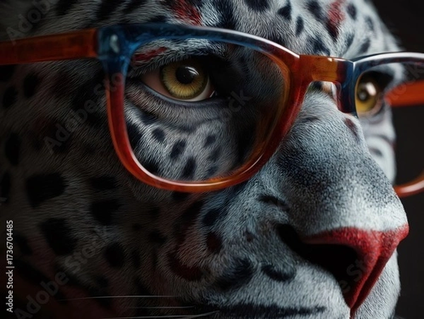 Fototapeta Close up portrait captures a leopard wearing stylish eyeglasses, showcasing a captivating blend of elegance and power against a dark background