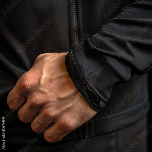 Fototapeta Close up of hand holding sports tracksuit sleeve with visible stitching and fabric texture