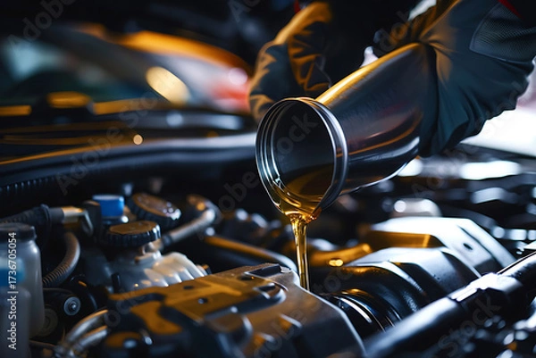 Fototapeta Close-up of mechanic pouring fresh engine oil into clean car engine with funnel