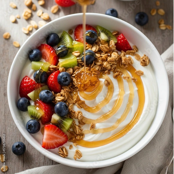 Obraz Greek Yogurt with Fresh Fruits and Granola – Top View
