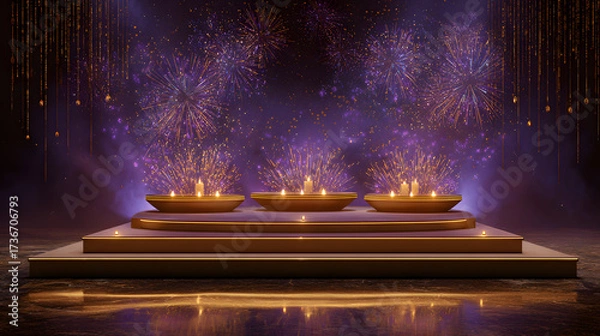 Fototapeta Banner design for diwali festival and podium,Diwali light decoration candle with fireworks,Stage,Product display Showcase design sparkle background,Deepavali,Dipavali,3D podium illustration.