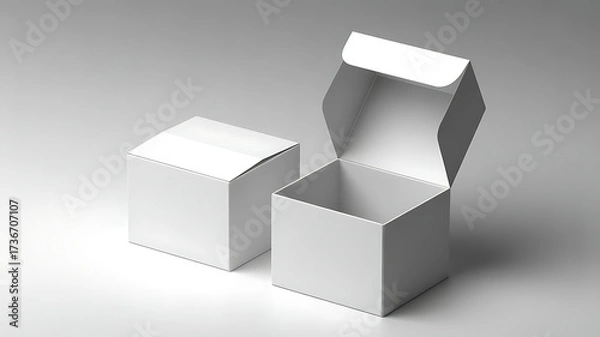 Fototapeta Two blank white cardboard boxes one open and one closed