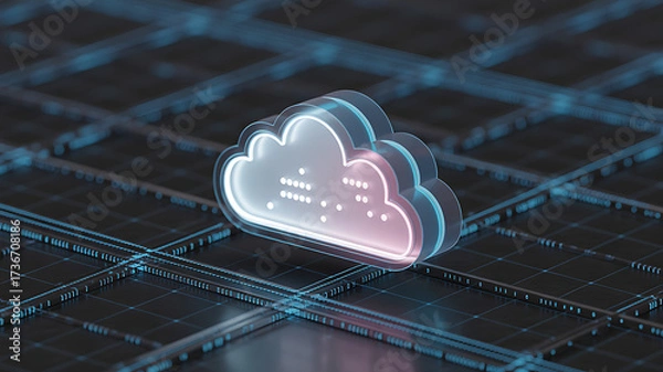 Fototapeta Glowing neon cloud icon on digital circuit board background