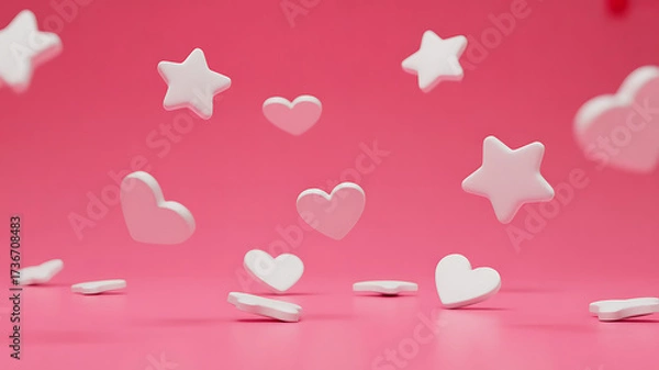 Fototapeta Soft pink background with floating white hearts and stars