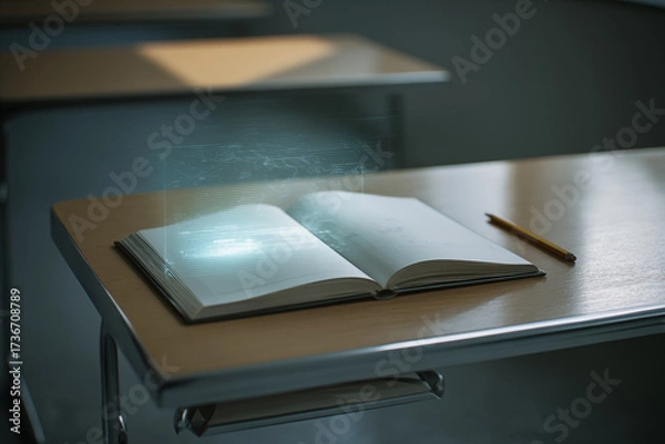 Fototapeta Empty Classroom Desk with Abandoned Notebook and AI Hologram Projection
