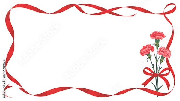 Fototapeta Decorative red ribbon border with pink carnations and bow