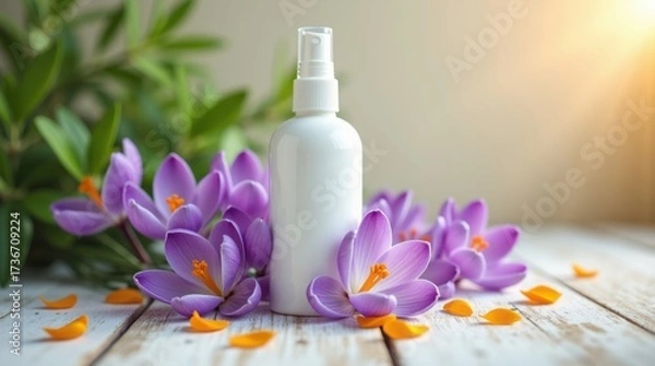 Obraz White cosmetic spray bottle surrounded by purple crocus flowers and petals