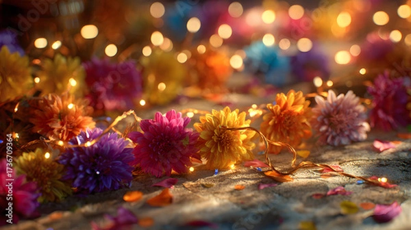 Fototapeta Colorful Holi Decorations with Flowers and Lights
