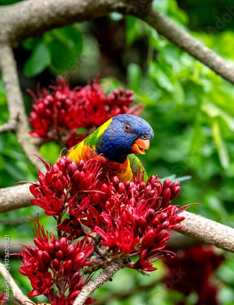 Fototapeta A colorful Rainbow lorikeet on a branch in Melbourne, Austalia