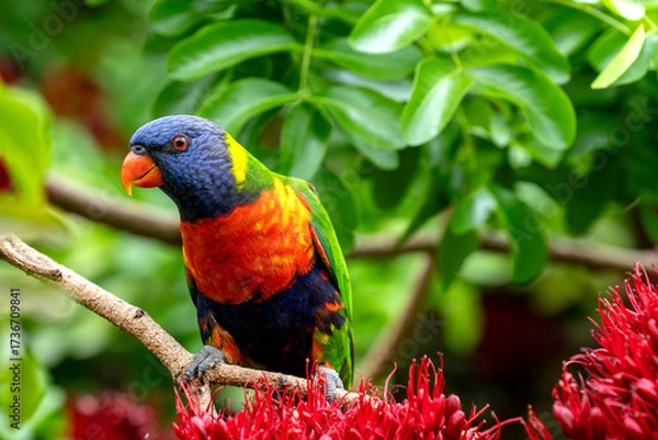Fototapeta A colorful Rainbow lorikeet on a branch in Melbourne, Austalia