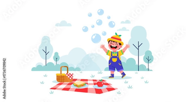 Fototapeta Joyful Child Playing With Bubbles During A Pleasant Picnic Day In The Park Scene