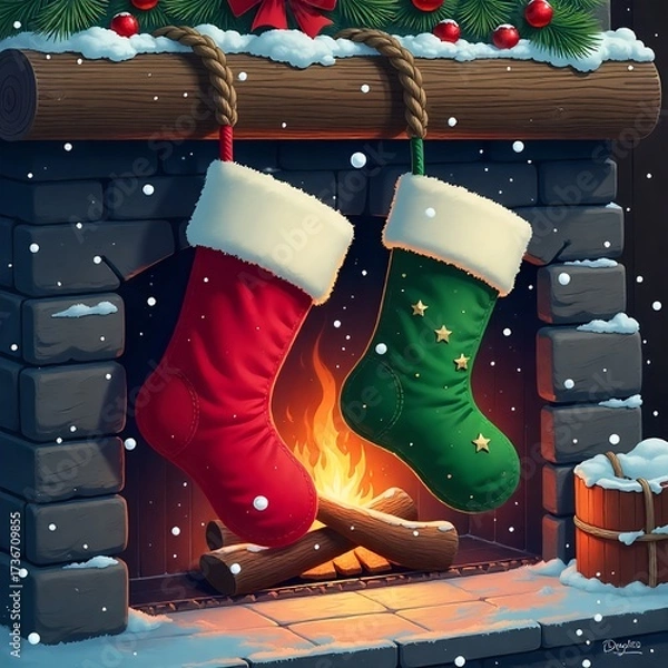 Fototapeta Illustration of two Christmas socks on a fireplace