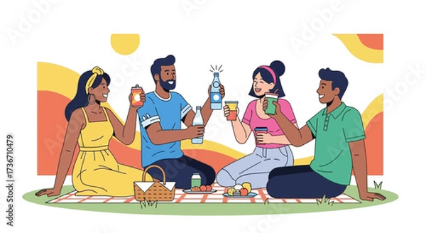 Fototapeta Joyful Friends Celebrating With Drinks At A Picnic During The Sunny Day Outdoors