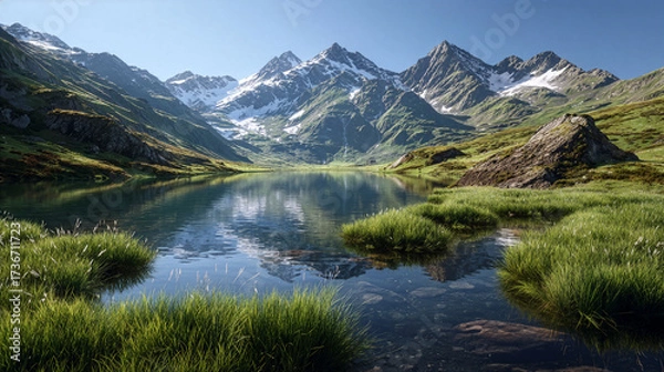 Fototapeta Grass meadow in front of a beautiful clear mountain lake with mountains in the background