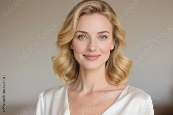 Fototapeta A beautiful woman with soft waves smiles gently in warm, natural lighting, showcasing grace and elegance.