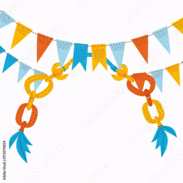 Fototapeta Colorful festive garland featuring vibrant triangular flags and playful chain links with decorative feathers, creating a cheerful atmosphere for celebrations and events	