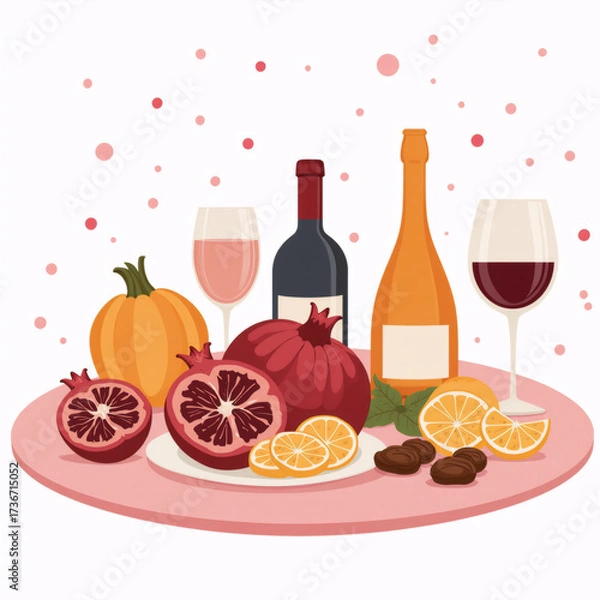 Fototapeta Colorful illustration featuring assorted fruits, wine bottles, and glasses on a pink table, creating a festive atmosphere for celebrations and gatherings with vibrant details	