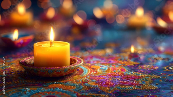Fototapeta Candle light and bokeh background celebrate Indian Holiday Diwali. AI Generative