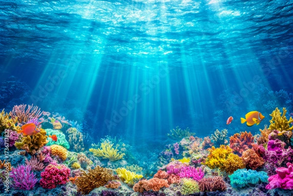 Fototapeta Vibrant coral reef filled with various colorful corals and fish, highlighted by beams of sunlight penetrating the clear ocean water