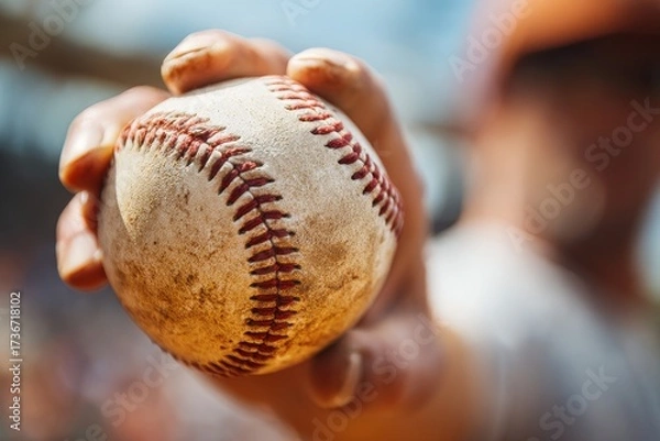 Fototapeta Dynamic Closeup of a Baseball Player's Hand Gripping the Ball During Intense Game Action