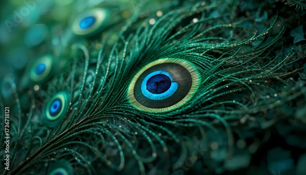 Fototapeta Close-up of vibrant peacock feathers featuring eye-catching turquoise and deep blue eyespots. The texture is detailed, evoking elegance and natural beauty.