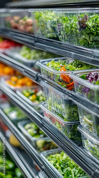Obraz Fresh salad ingredients packed in clear containers on grocery shelf  