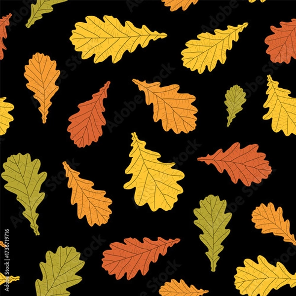 Fototapeta Abstract botanical pattern. Seamless print composed of green, yellow, red, orange silhouette of leaves of oak on black background. Botanical colorful background.