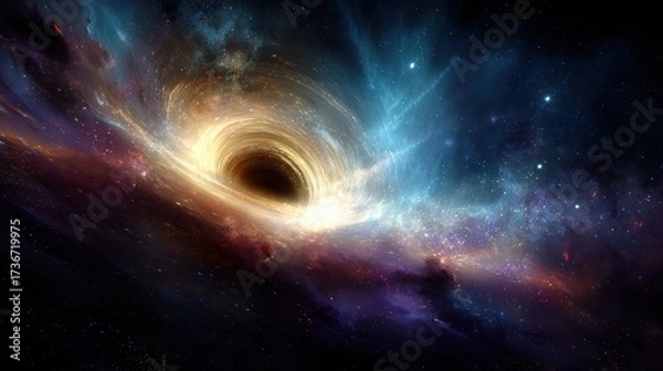 Fototapeta Vibrant Cosmic Abyss. Surreal Black Hole Emitting Light Rays Surrounded by Nebulas and Colorful Stars in the Depths of Outer Space