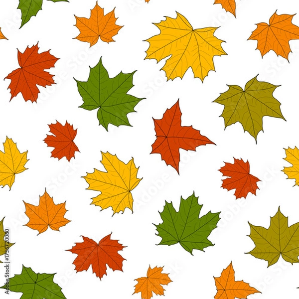 Obraz Abstract botanical pattern. Seamless print composed of green, yellow, red, orange silhouette of leaves of maple with black line vein on white background. Botanical colorful background.