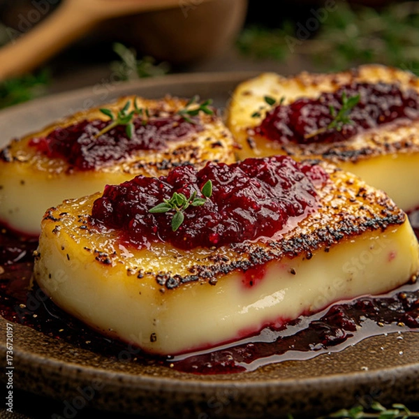 Obraz Savory cheese dessert with cranberry sauce on a rustic plate  