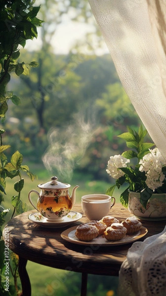 Obraz Tea and pastries on wooden table in garden with flowers and sunlight  