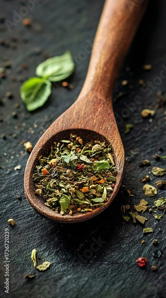 Obraz Dried herbs and spices in wooden spoon on dark stone background  